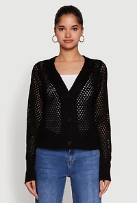 Womens Chic Crochet Long Sleeve Button Front Cardigan, M
