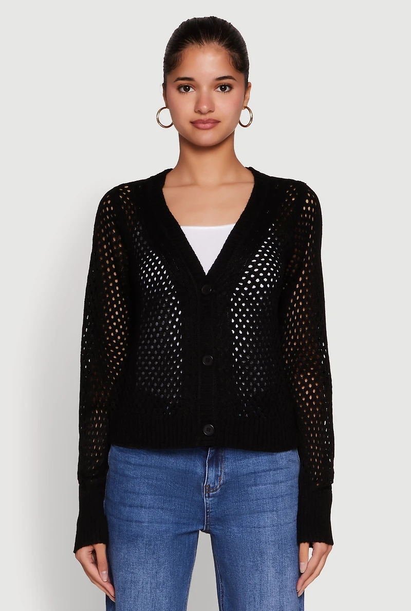 Womens Chic Crochet Long Sleeve Button Front Cardigan,