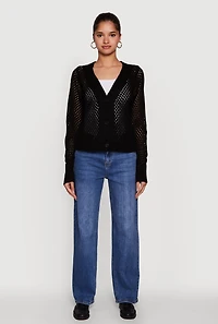 Womens Chic Crochet Long Sleeve Button Front Cardigan, M