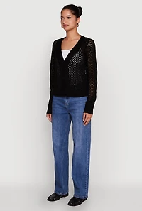 Womens Chic Crochet Long Sleeve Button Front Cardigan, M