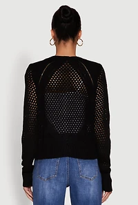 Womens Chic Crochet Long Sleeve Button Front Cardigan, Black,