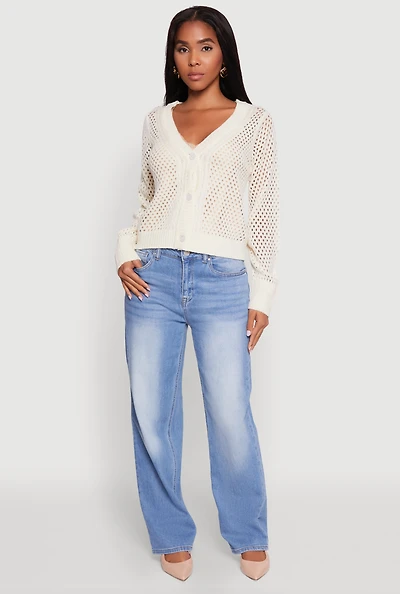 Womens Chic Crochet Long Sleeve Button Front Cardigan, White, Size XL