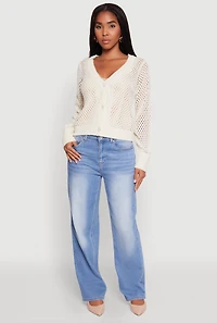 Womens Chic Crochet Long Sleeve Button Front Cardigan, White, Size L