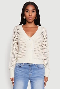Womens Chic Crochet Long Sleeve Button Front Cardigan, White, Size XL