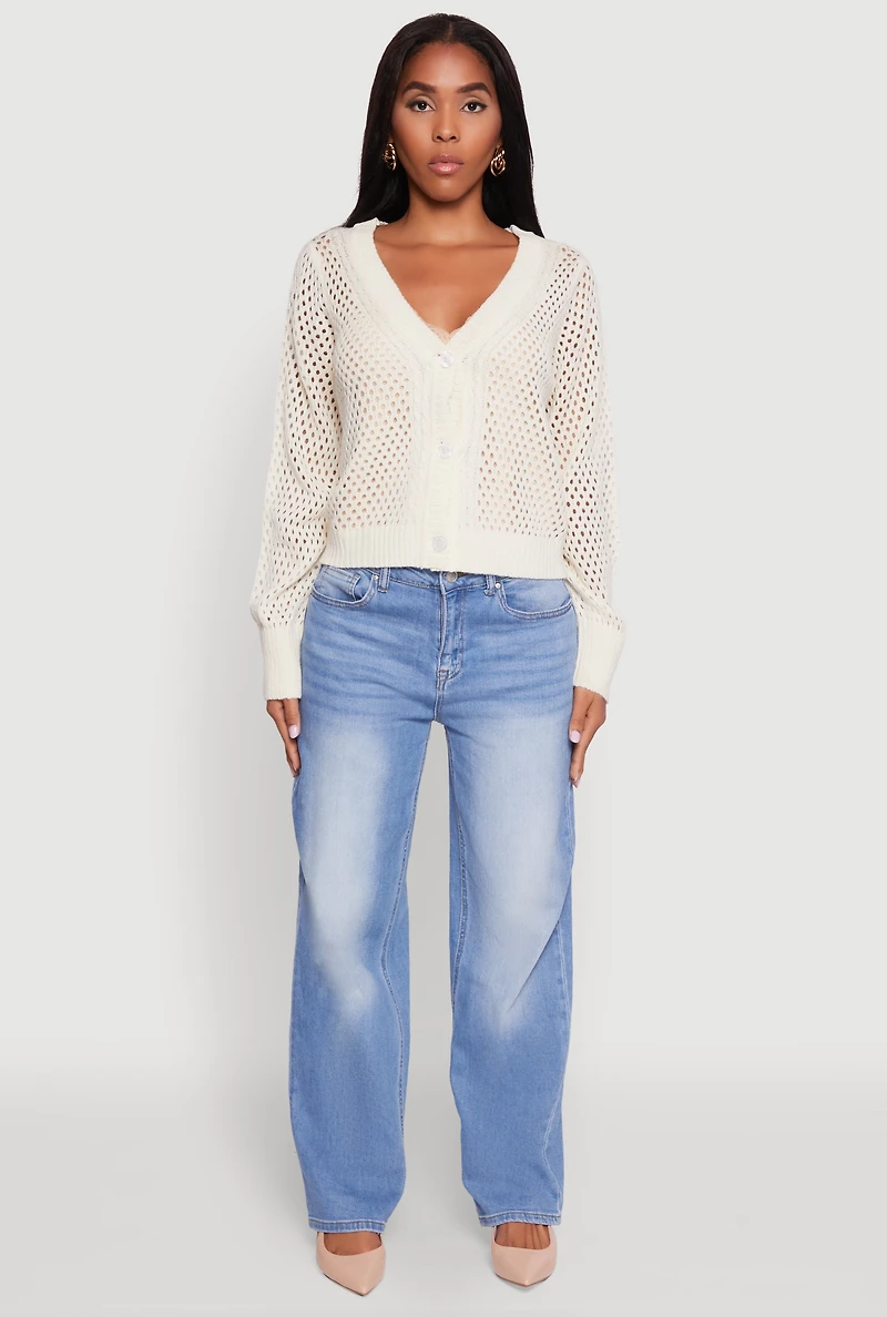 Womens Chic Crochet Long Sleeve Button Front Cardigan, White, Size L