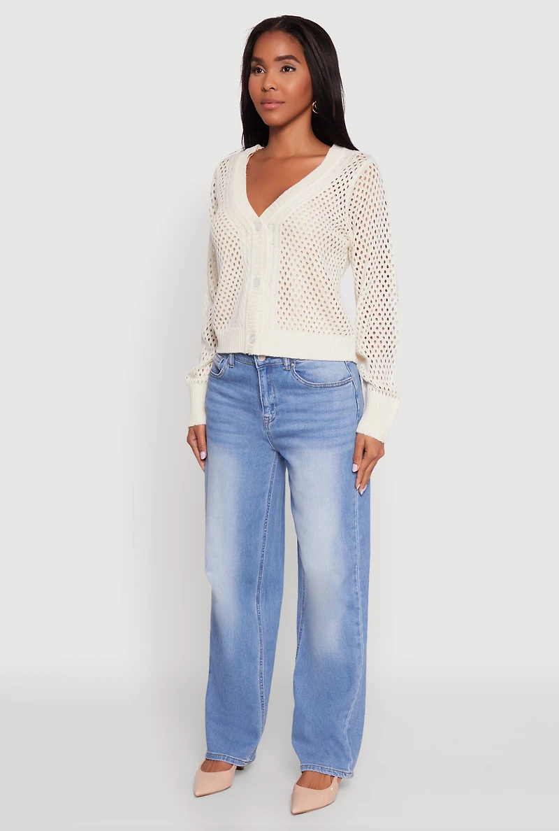 Womens Chic Crochet Long Sleeve Button Front Cardigan, White, Size L