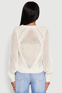 Womens Chic Crochet Long Sleeve Button Front Cardigan, White, Size XL