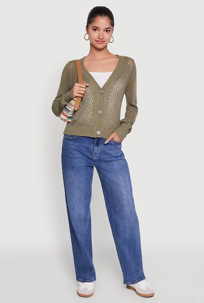 Womens Chic Crochet Long Sleeve Button Front Cardigan,