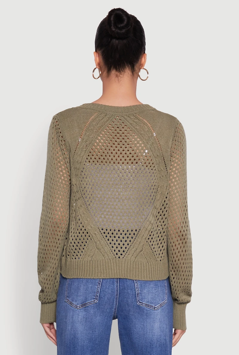 Womens Chic Crochet Long Sleeve Button Front Cardigan, Green,