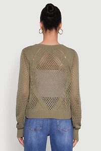 Womens Chic Crochet Long Sleeve Button Front Cardigan, Green,