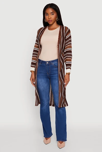 Womens Striped Crochet Open Front Long Cardigan, Brown,