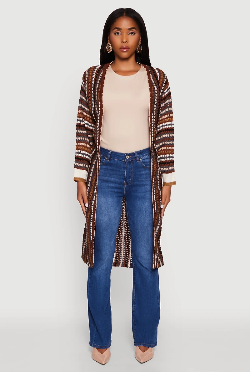 Womens Striped Crochet Open Front Long Cardigan, Brown,