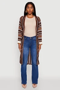 Womens Striped Crochet Open Front Long Cardigan, Brown,