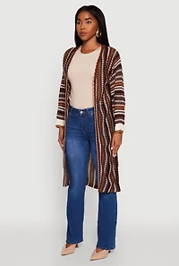 Womens Striped Crochet Open Front Long Cardigan, Brown,