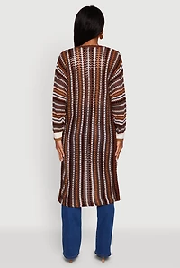Womens Striped Crochet Open Front Long Cardigan, Brown,