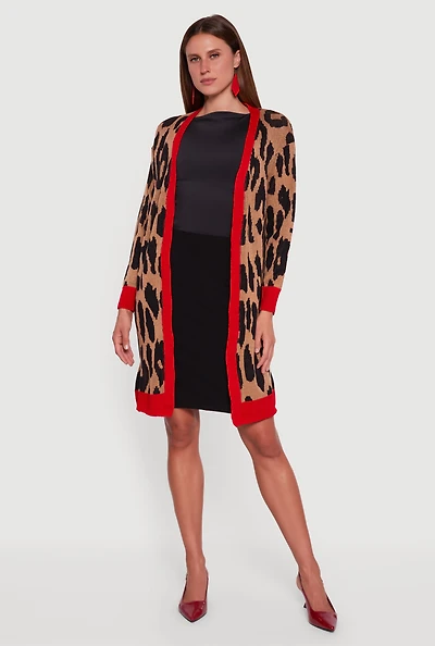Womens Leopard Print Open Front Long Cardigan, Brown,