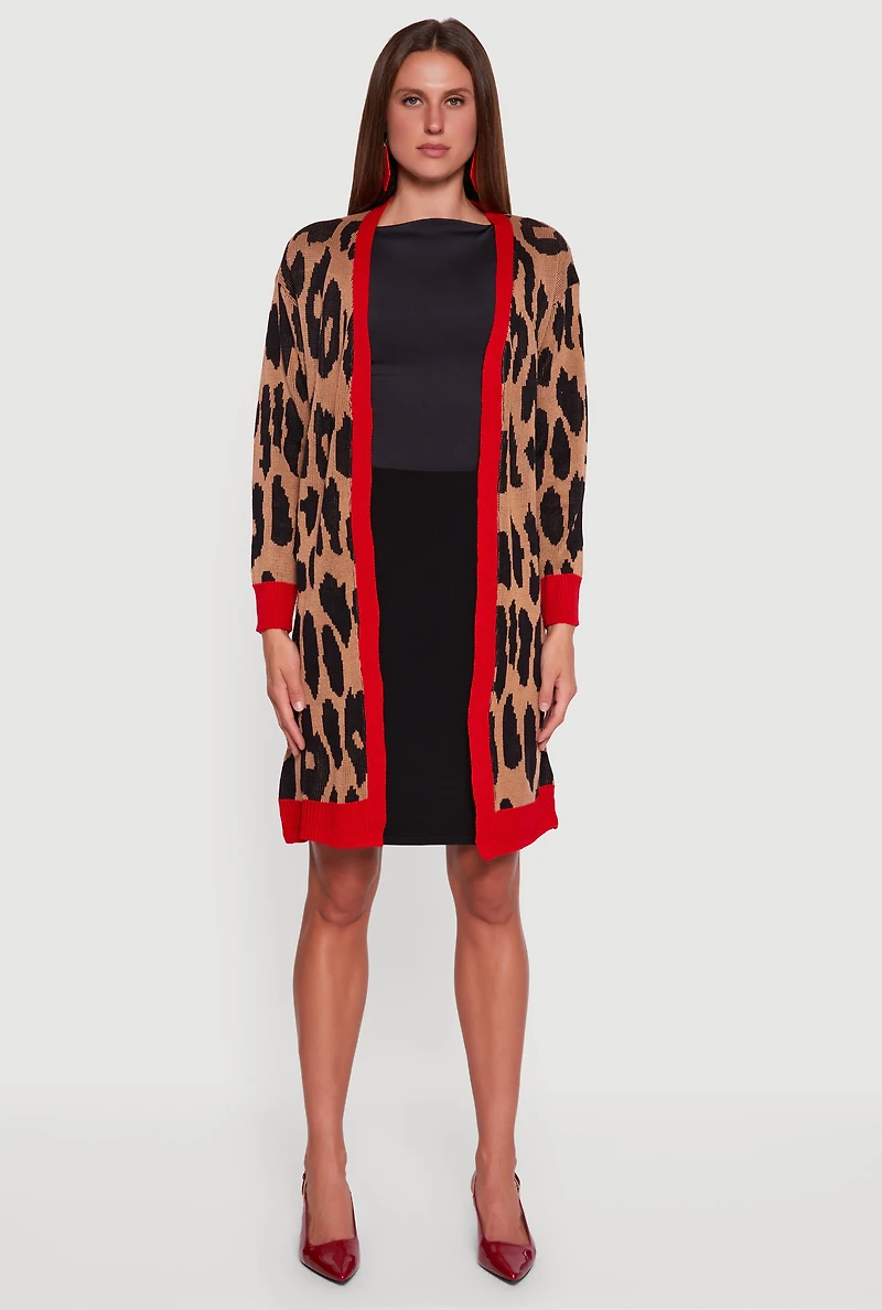 Womens Leopard Print Open Front Long Cardigan, Brown,