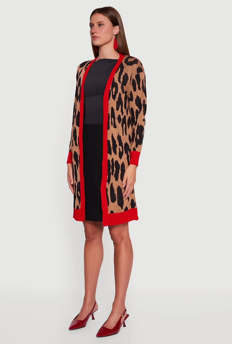 Womens Leopard Print Open Front Long Cardigan, Brown,