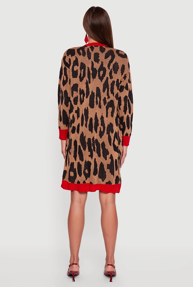 Womens Leopard Print Open Front Long Cardigan, Brown, Size L