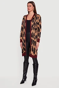 Womens Leopard Print Open Front Long Cardigan, Brown, Size S