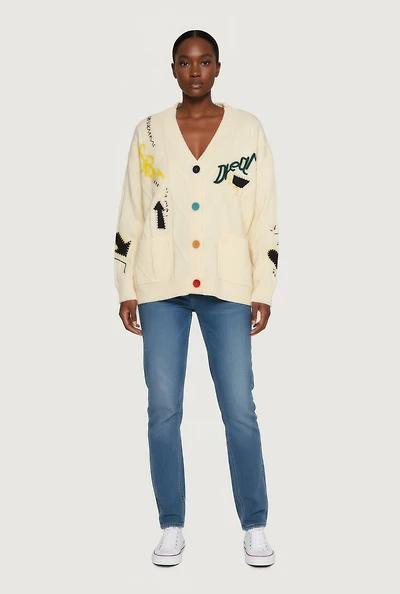 Womens Embroidered Patchwork Graphic Button Front Cardigan,