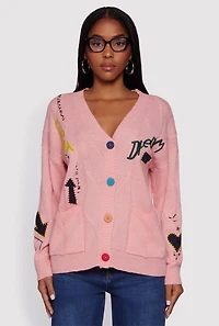 Embroidered Patchwork Graphic Button Front Cardigan