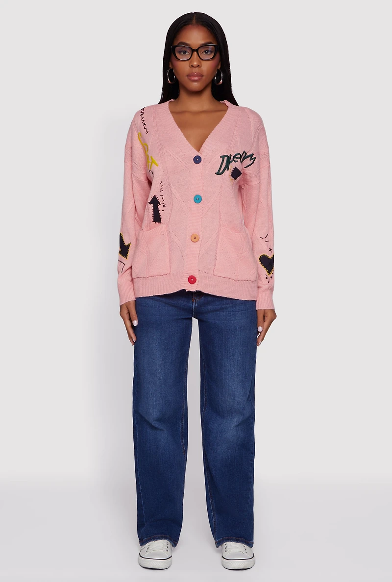 Embroidered Patchwork Graphic Button Front Cardigan