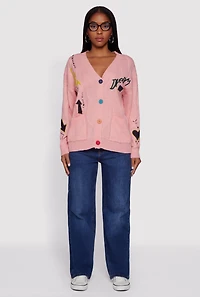 Embroidered Patchwork Graphic Button Front Cardigan