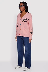 Embroidered Patchwork Graphic Button Front Cardigan