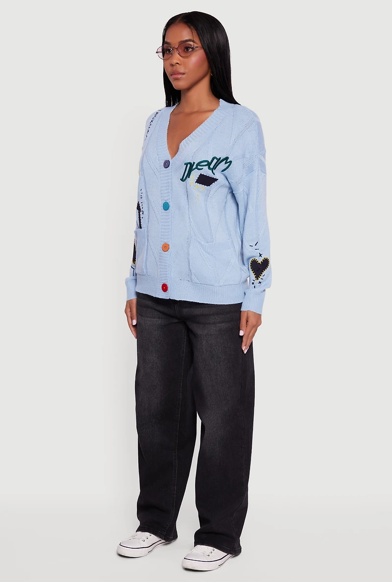 Embroidered Patchwork Graphic Button Front Cardigan