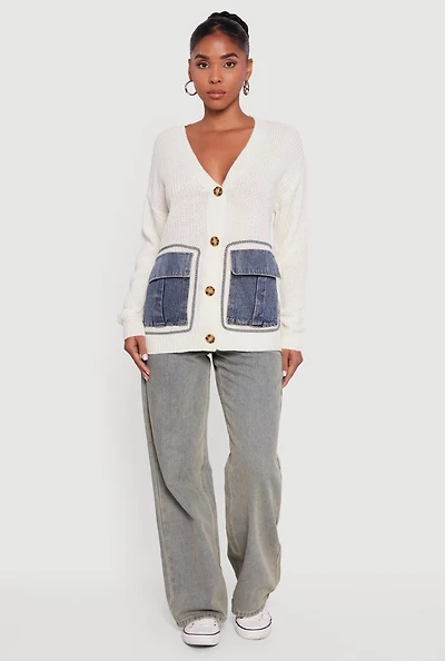 Denim Pocket Contrast Trim Button Front Cardigan