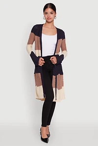 Womens Trendy Crochet Color Block Long Sleeve Duster, Multi,