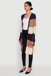 Womens Trendy Crochet Color Block Long Sleeve Duster, Multi,