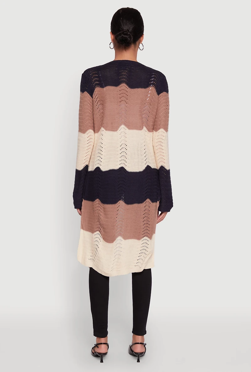 Womens Trendy Crochet Color Block Long Sleeve Duster, Multi,
