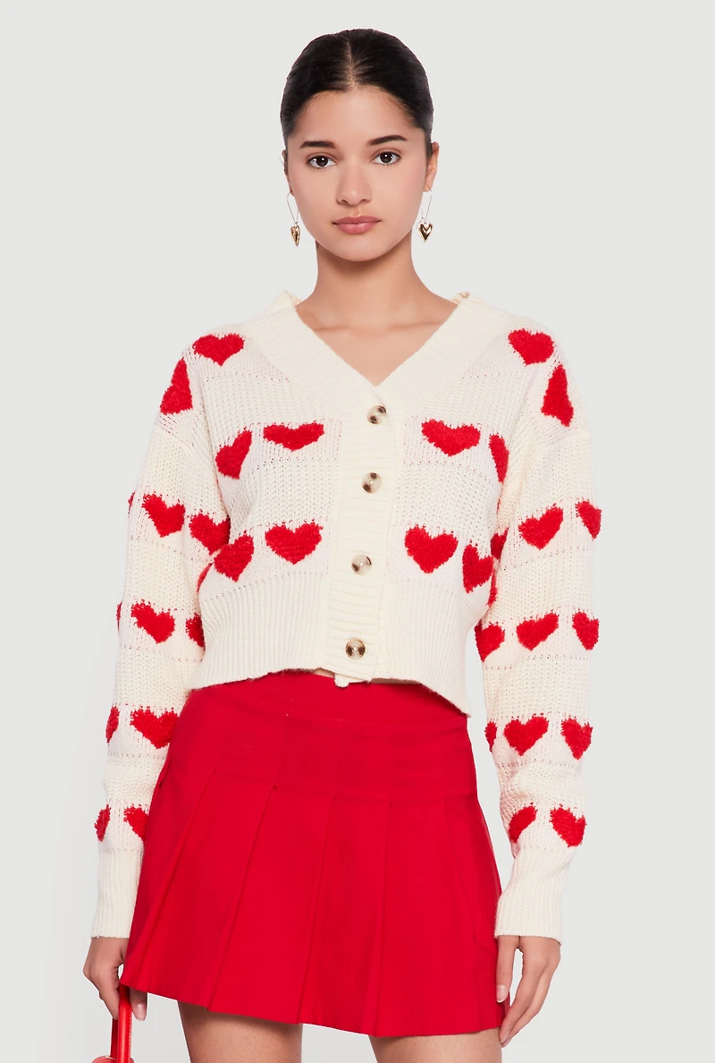 Heart Tufted Knit Cropped Cardigan