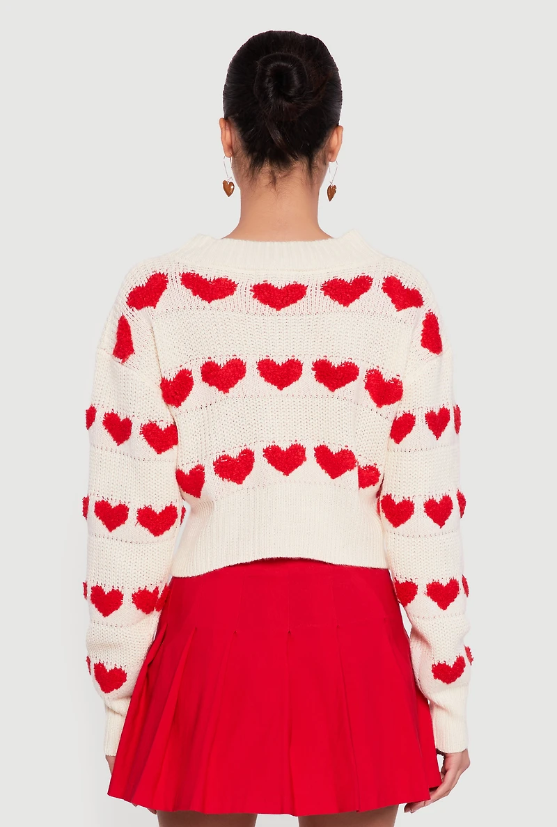 Womens Heart Tufted Knit Cropped Cardigan, Beige, Size XL