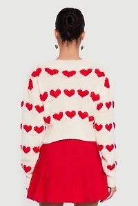 Womens Heart Tufted Knit Cropped Cardigan, Beige, Size XL