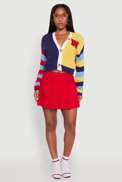 Womens W Chenille Patch Color Block Cropped Cardigan, Multi, Size L