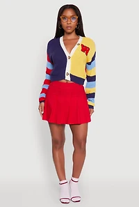W Chenille Patch Color Block Cropped Cardigan