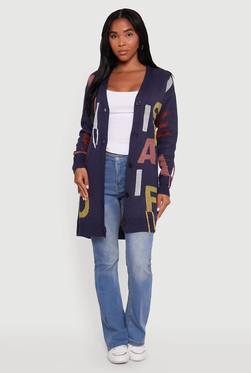 Womens Button Front Alphabet Print Long Sleeve Cardigan, Blue, Size S