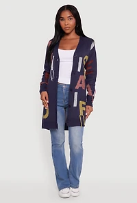 Womens Button Front Alphabet Print Long Sleeve Cardigan, Blue, Size S