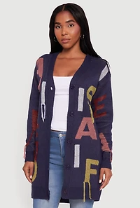 Womens Button Front Alphabet Print Long Sleeve Cardigan, Blue, Size S