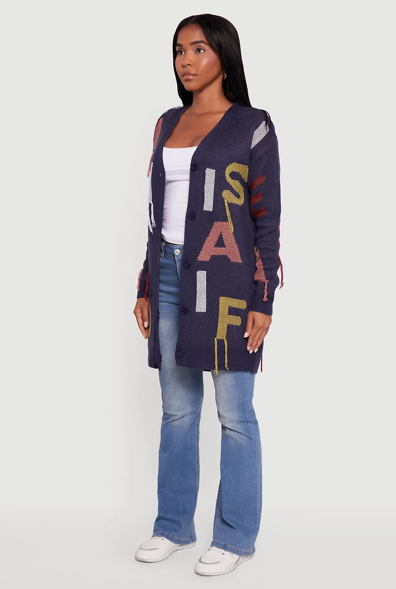 Womens Button Front Alphabet Print Long Sleeve Cardigan, Blue, Size S