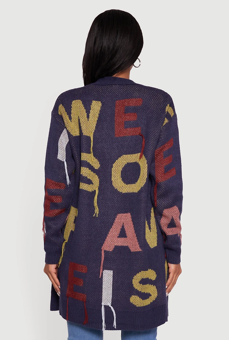 Womens Button Front Alphabet Print Long Sleeve Cardigan, Blue, Size S