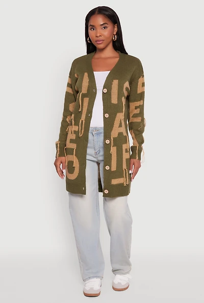 Womens Alphabet Fringe Detail Cardigan, Green, Size S