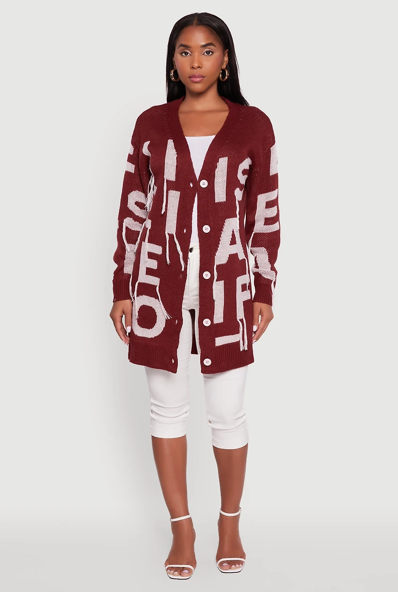 Womens Alphabet Fringe Detail Cardigan, Burgundy, Size XL