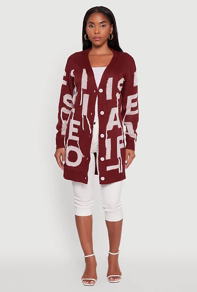 Womens Alphabet Fringe Detail Cardigan, Burgundy, Size XL