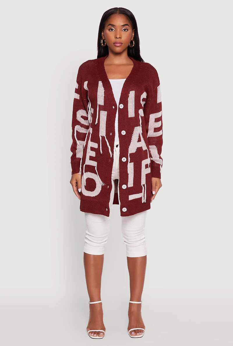 Womens Alphabet Fringe Detail Cardigan, Burgundy, Size XL