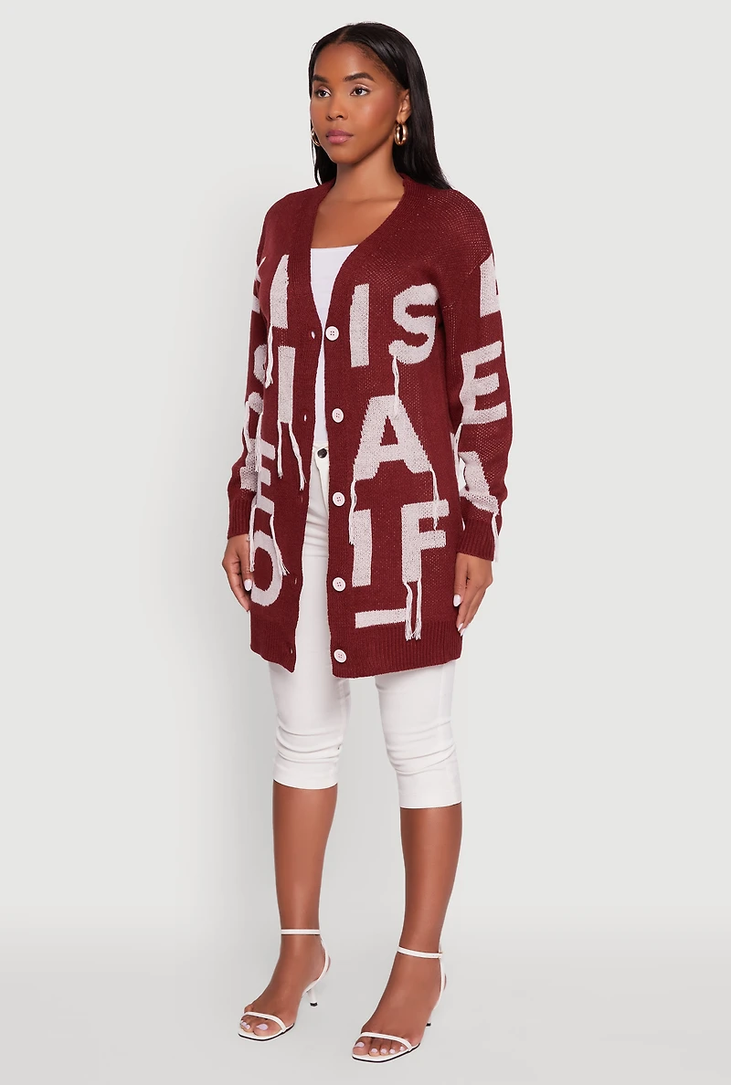 Womens Alphabet Fringe Detail Cardigan, Burgundy, Size S