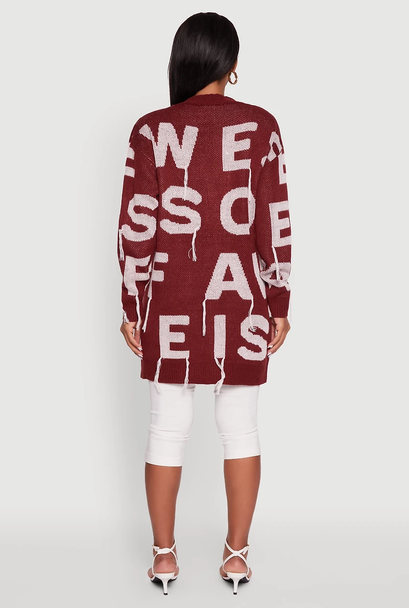 Womens Alphabet Fringe Detail Cardigan, Burgundy, Size XL